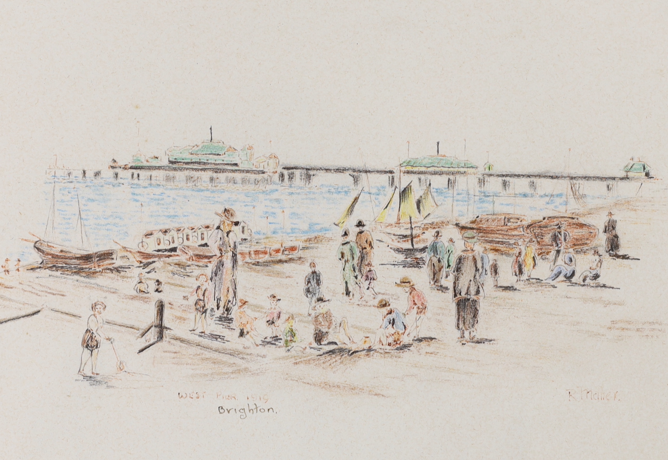 R. Maher (20th. C), set of six crayon and pencil sketches, Brighton views including West Pier and Black Rock, some signed and inscribed, each 24 x 19cm